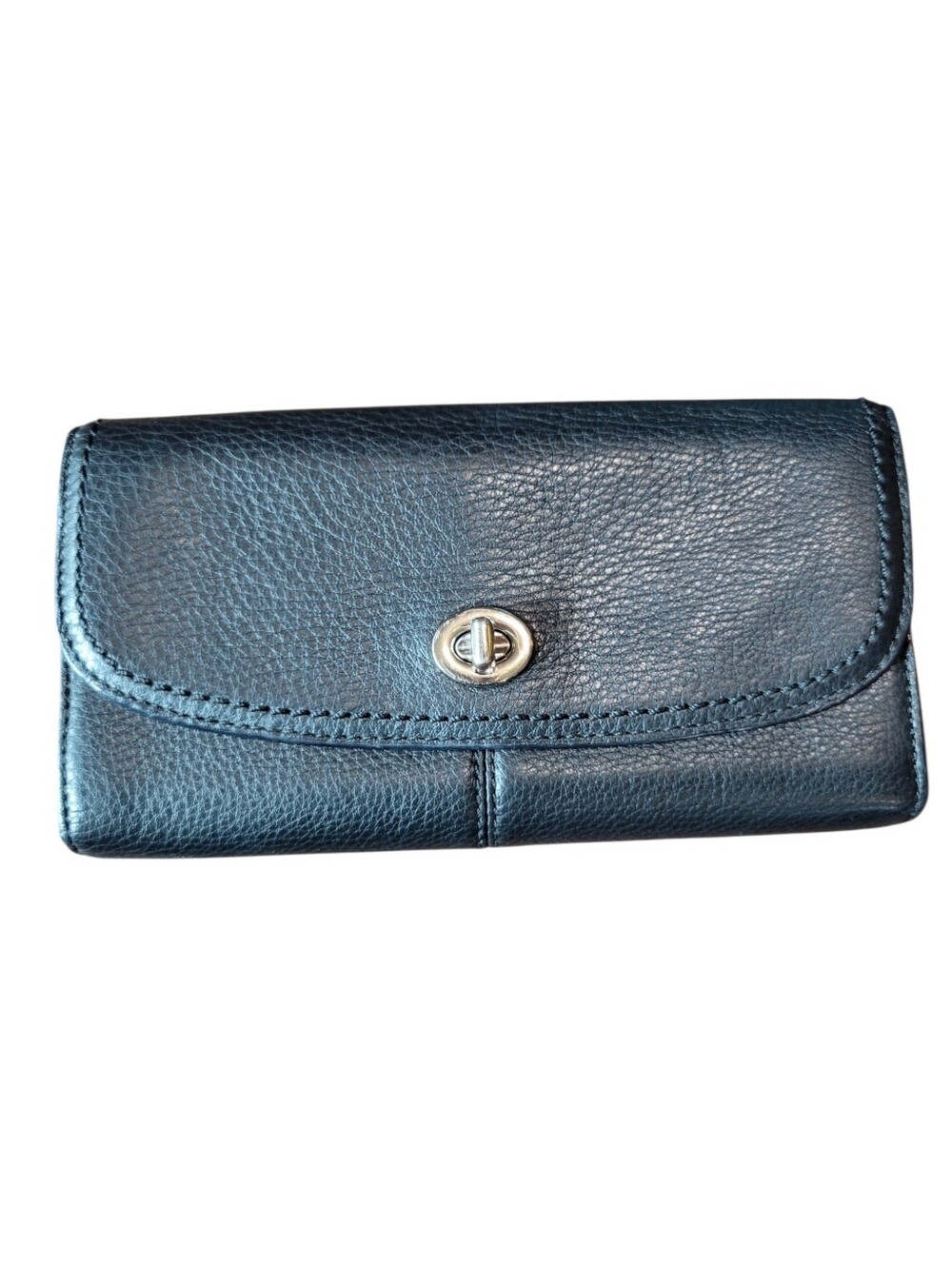 Coach Black Pebble Leather Turnlock Flap Long Wallet Organizer